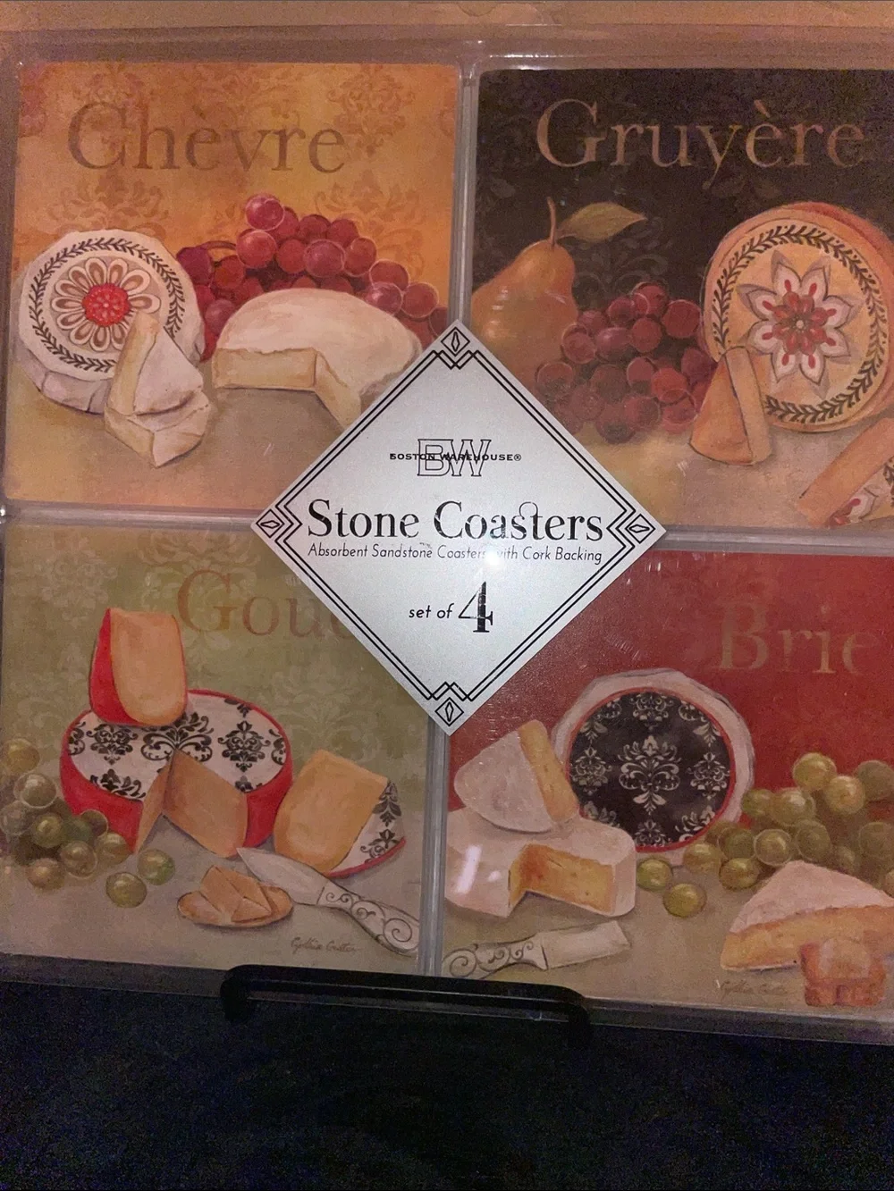 NEW Stone/Cork Coasters Set of 4 - Decorative Cheese/Fruit - Boston Warehouse